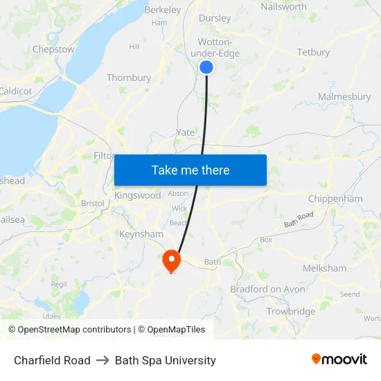 Charfield Road to Bath Spa University map