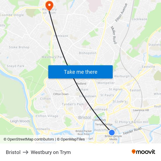 Bristol to Westbury on Trym map