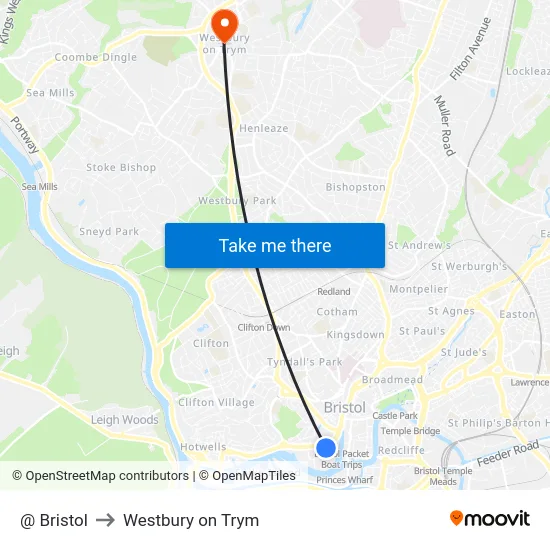 @ Bristol to Westbury on Trym map