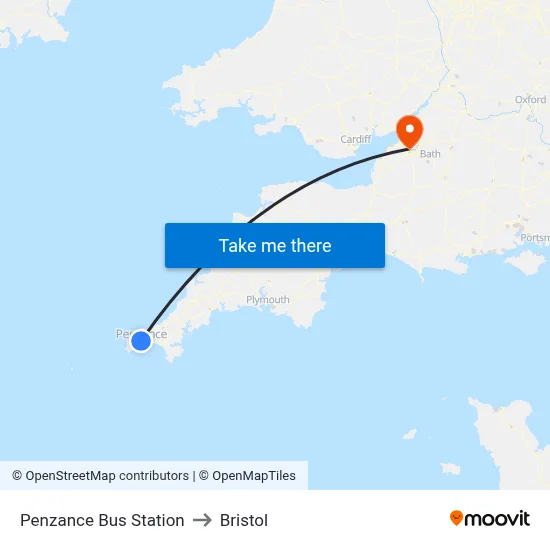 Penzance Bus Station to Bristol map