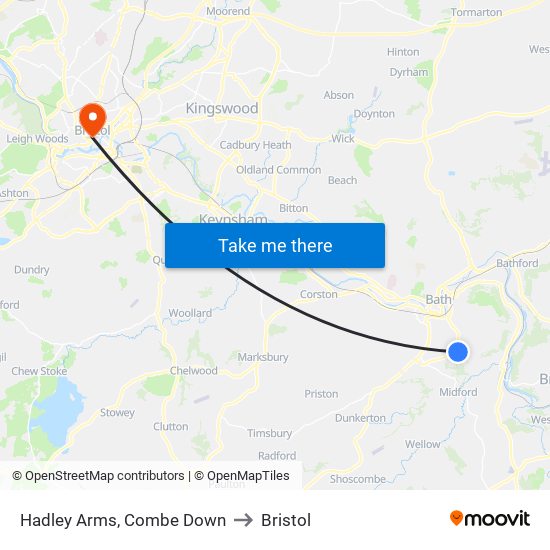 Hadley Arms, Combe Down to Bristol map