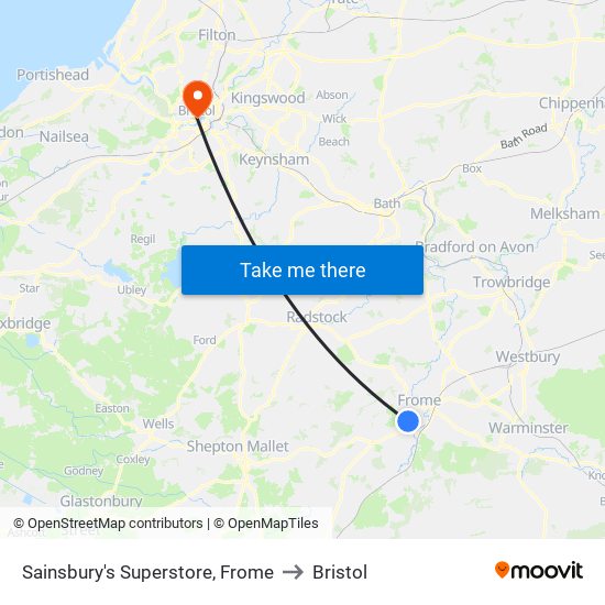 Sainsbury's Superstore, Frome to Bristol map