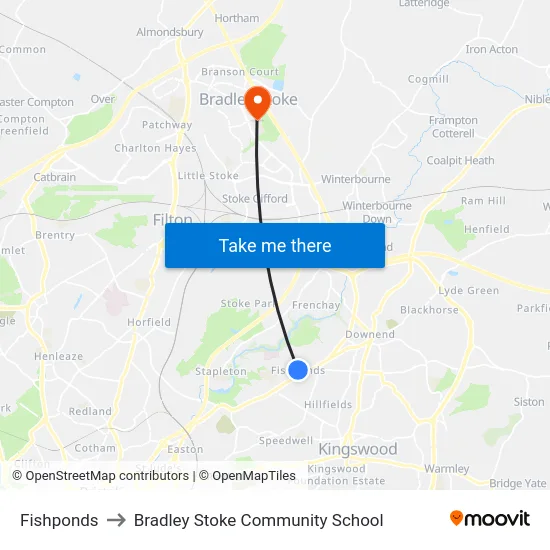 Fishponds to Bradley Stoke Community School map