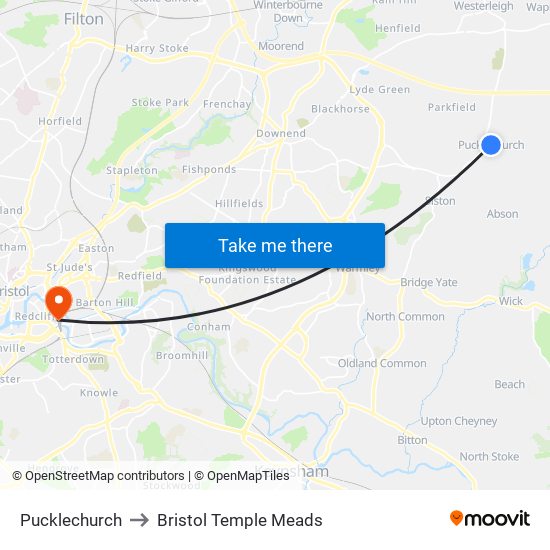 Pucklechurch to Bristol Temple Meads map