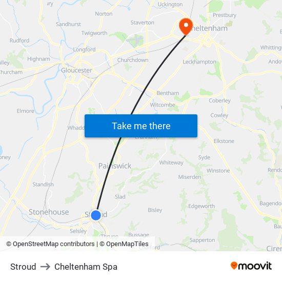 Stroud to Cheltenham Spa map