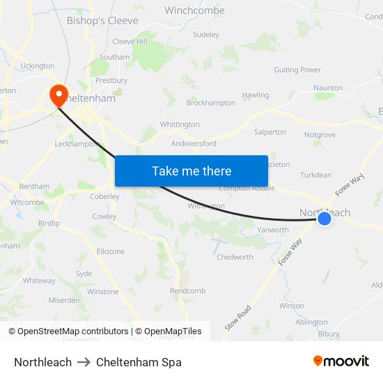 Northleach to Cheltenham Spa map