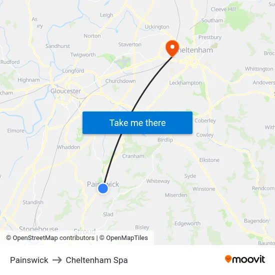 Painswick to Cheltenham Spa map