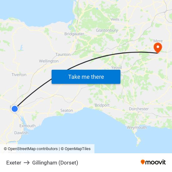 Exeter to Gillingham (Dorset) map