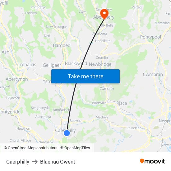 Caerphilly to Blaenau Gwent map