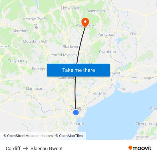 Cardiff to Blaenau Gwent map