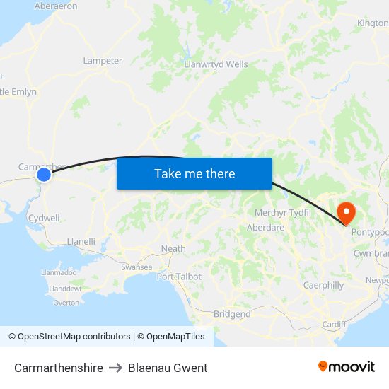 Carmarthenshire to Blaenau Gwent map