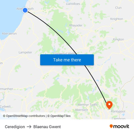 Ceredigion to Blaenau Gwent map