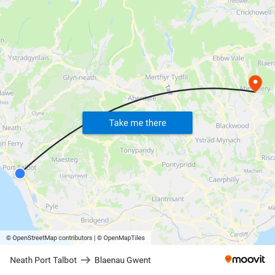 Neath Port Talbot to Blaenau Gwent map