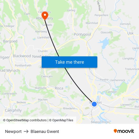 Newport to Blaenau Gwent map