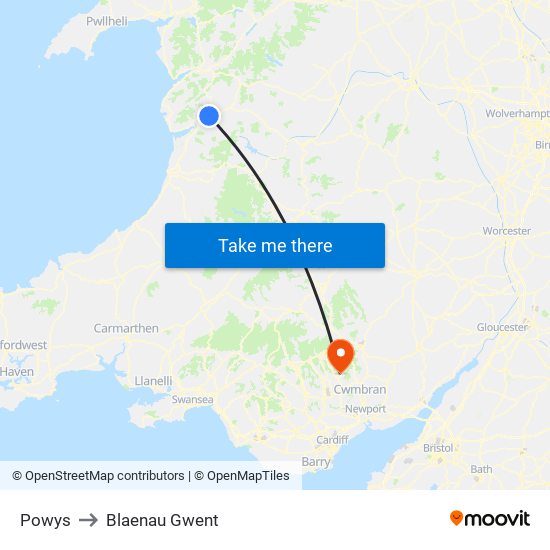 Powys to Blaenau Gwent map