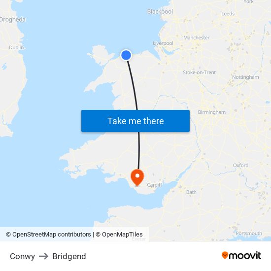 Conwy to Bridgend map