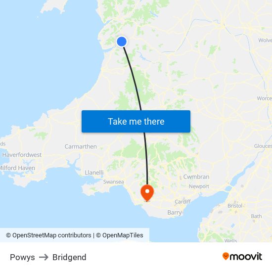 Powys to Bridgend map