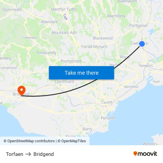 Torfaen to Bridgend map