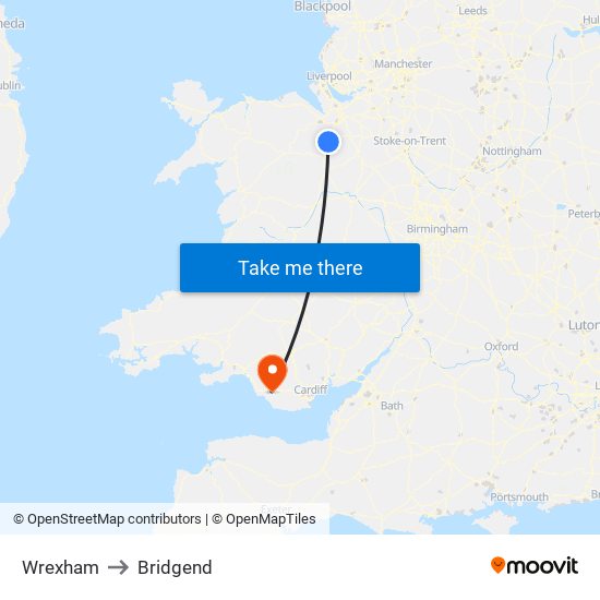 Wrexham to Bridgend map