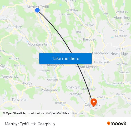 Merthyr Tydfil to Caerphilly map