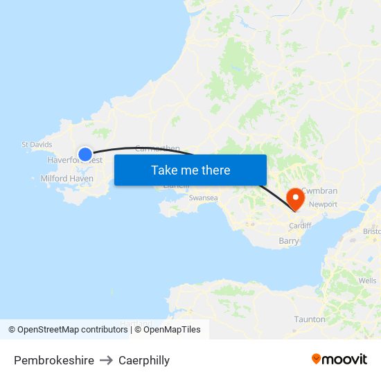 Pembrokeshire to Caerphilly map