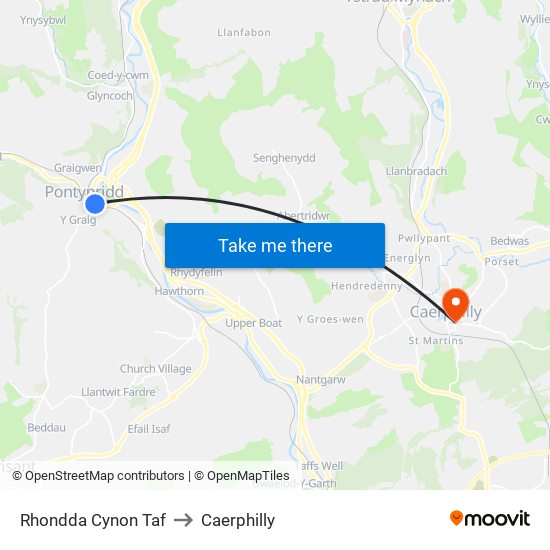 Rhondda Cynon Taf to Caerphilly map