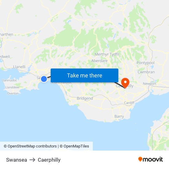 Swansea to Caerphilly map