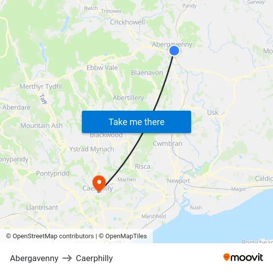 Abergavenny to Caerphilly map