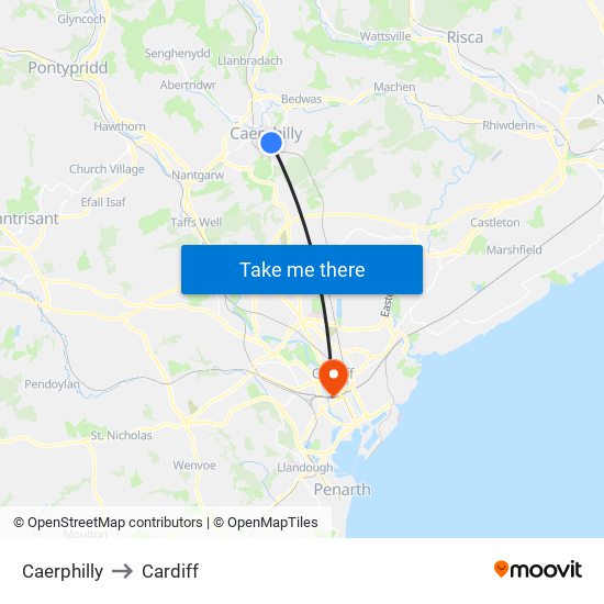 Caerphilly to Cardiff map
