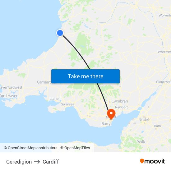 Ceredigion to Cardiff map