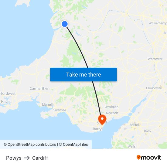 Powys to Cardiff map