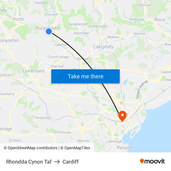 Rhondda Cynon Taf to Cardiff map