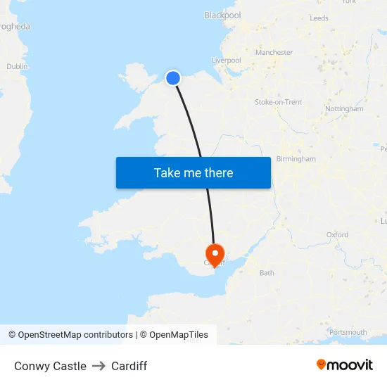 Conwy Castle to Cardiff map