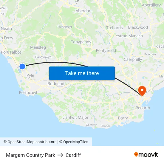 Margam Country Park to Cardiff map
