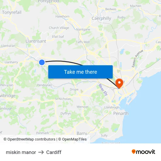 miskin manor to Cardiff map