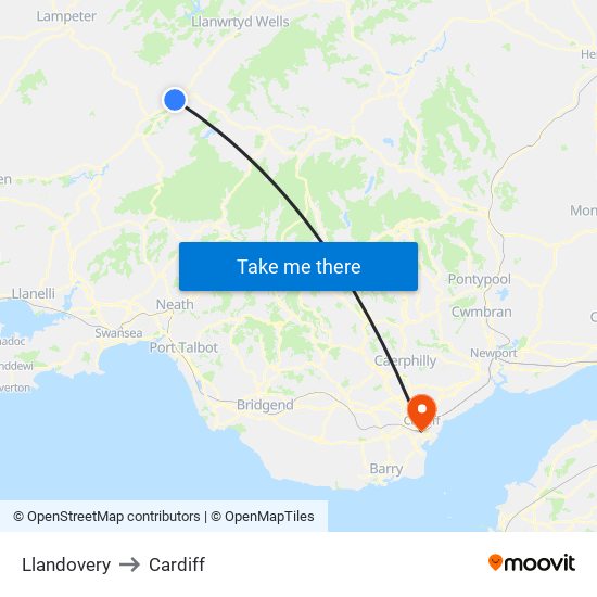 Llandovery to Cardiff map