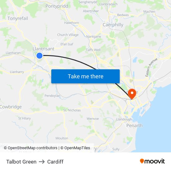 Talbot Green to Cardiff map