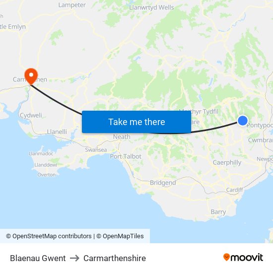 Blaenau Gwent to Carmarthenshire map