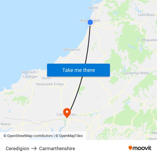 Ceredigion to Carmarthenshire map