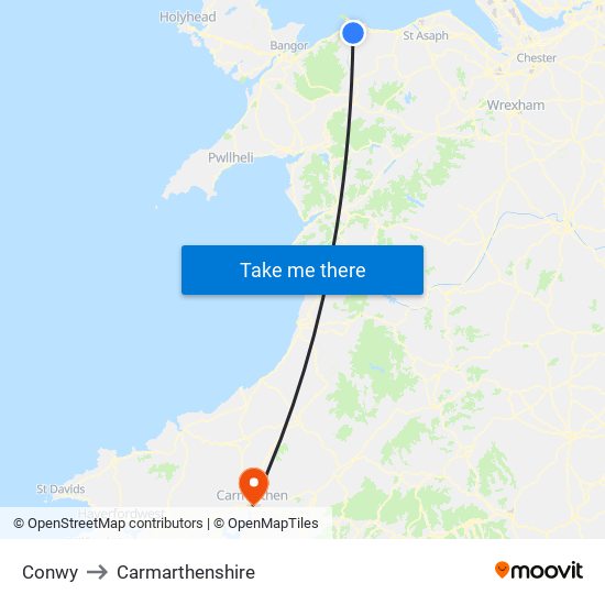 Conwy to Carmarthenshire map