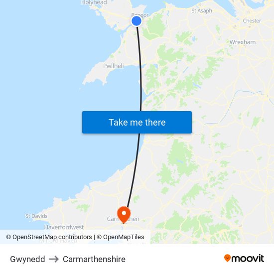 Gwynedd to Carmarthenshire map