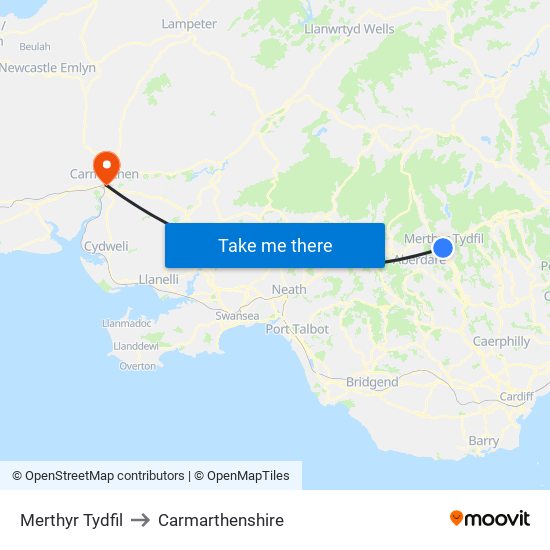 Merthyr Tydfil to Carmarthenshire map