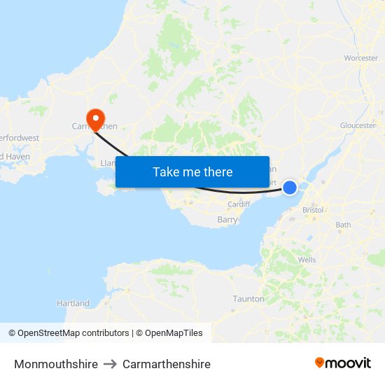 Monmouthshire to Carmarthenshire map