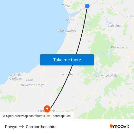 Powys to Carmarthenshire map