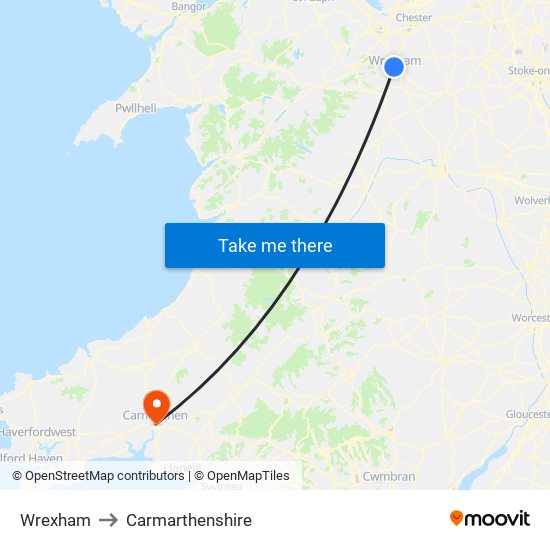 Wrexham to Carmarthenshire map