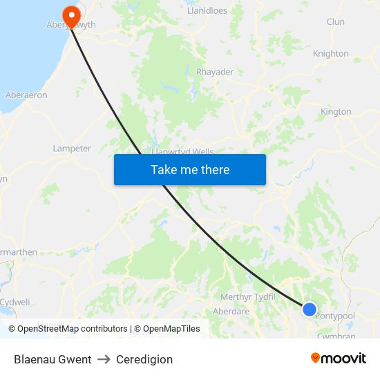 Blaenau Gwent to Ceredigion map