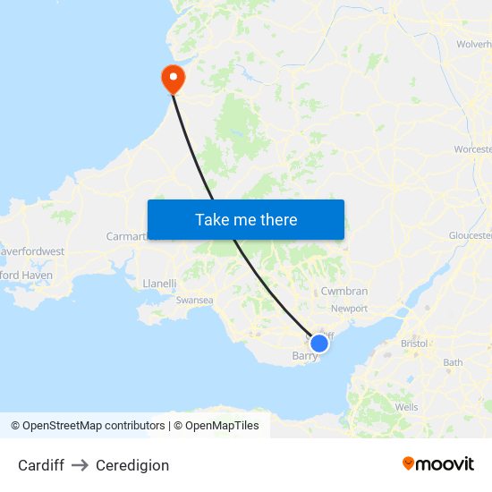 Cardiff to Ceredigion map