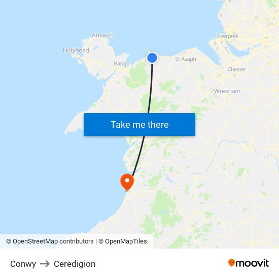 Conwy to Ceredigion map