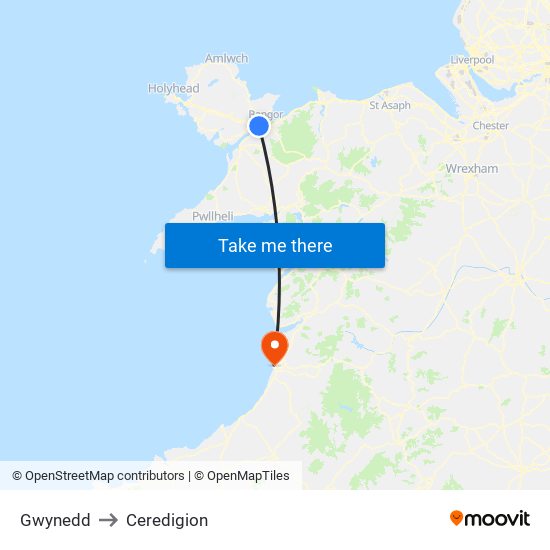 Gwynedd to Ceredigion map
