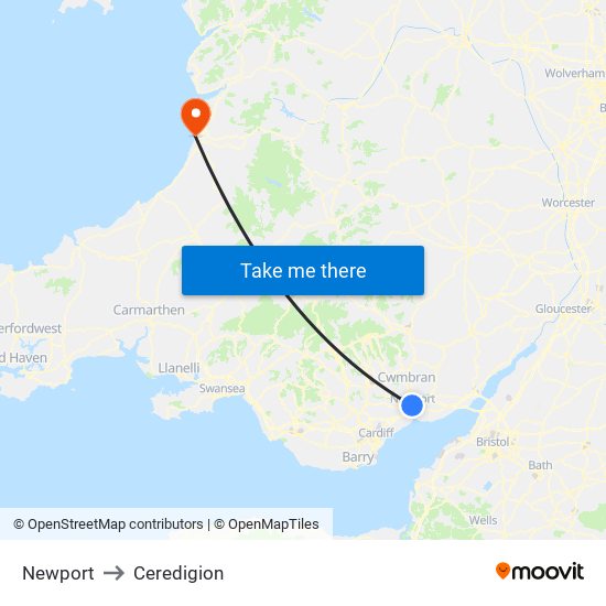 Newport to Ceredigion map